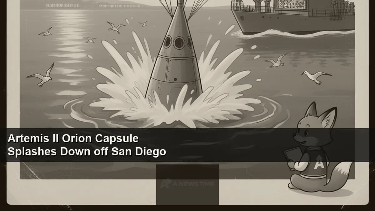 Orion capsule descending under three orange parachutes toward Pacific Ocean off San Diego coast