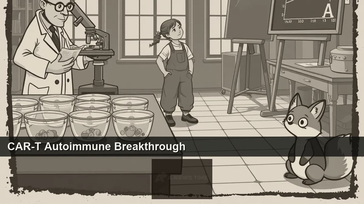 Scientist in laboratory examining CAR-T cell therapy vials against microscopy imaging of cancer cells representing April 2026 biotech advances
