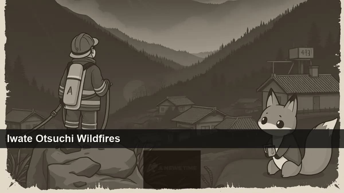 Aerial view of wildfire smoke rising from forested hillsides above the Sanriku coastal town of Otsuchi in Iwate Prefecture, Japan, April 2026