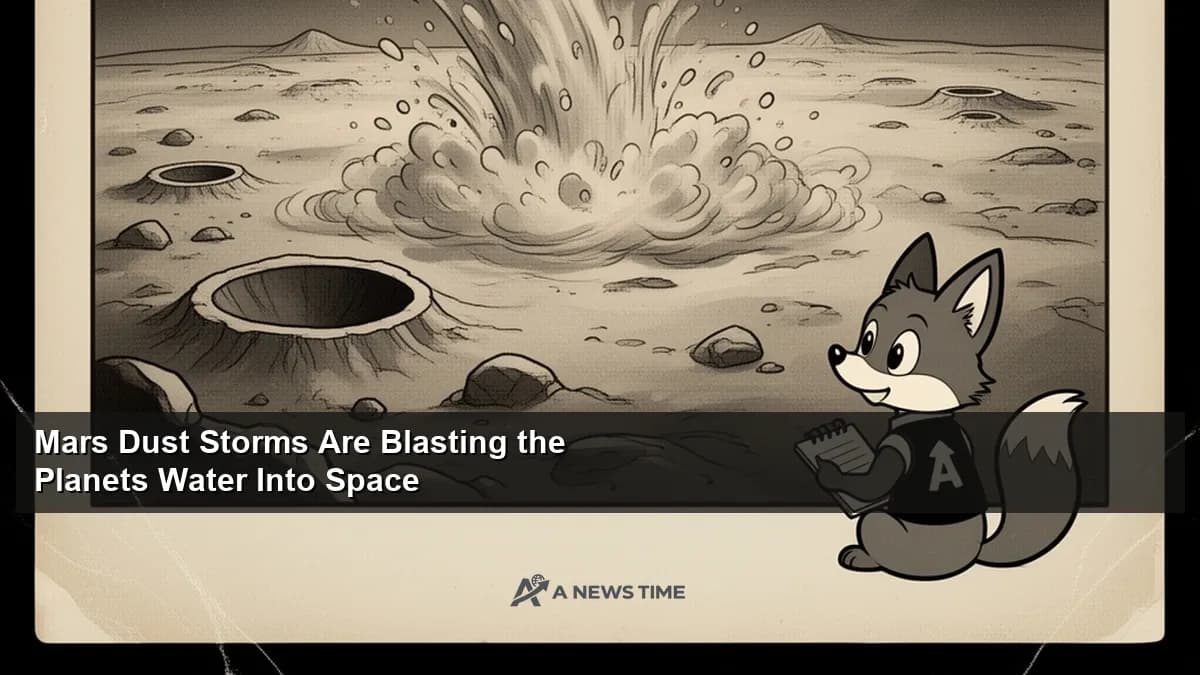 Mars surface showing dust storm clouds lifting particles into thin Martian atmosphere