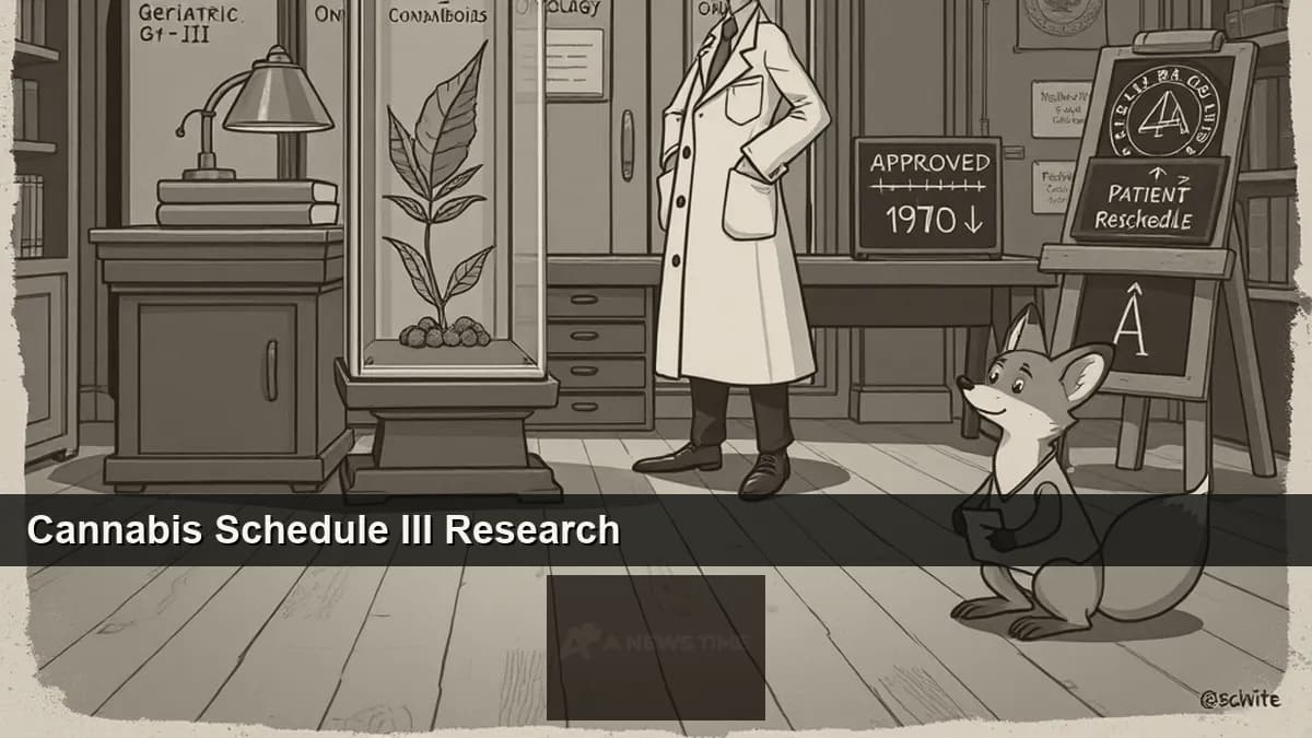Cannabis leaf next to laboratory beakers and clinical research clipboard with Schedule III classification document overlaid in editorial monochrome