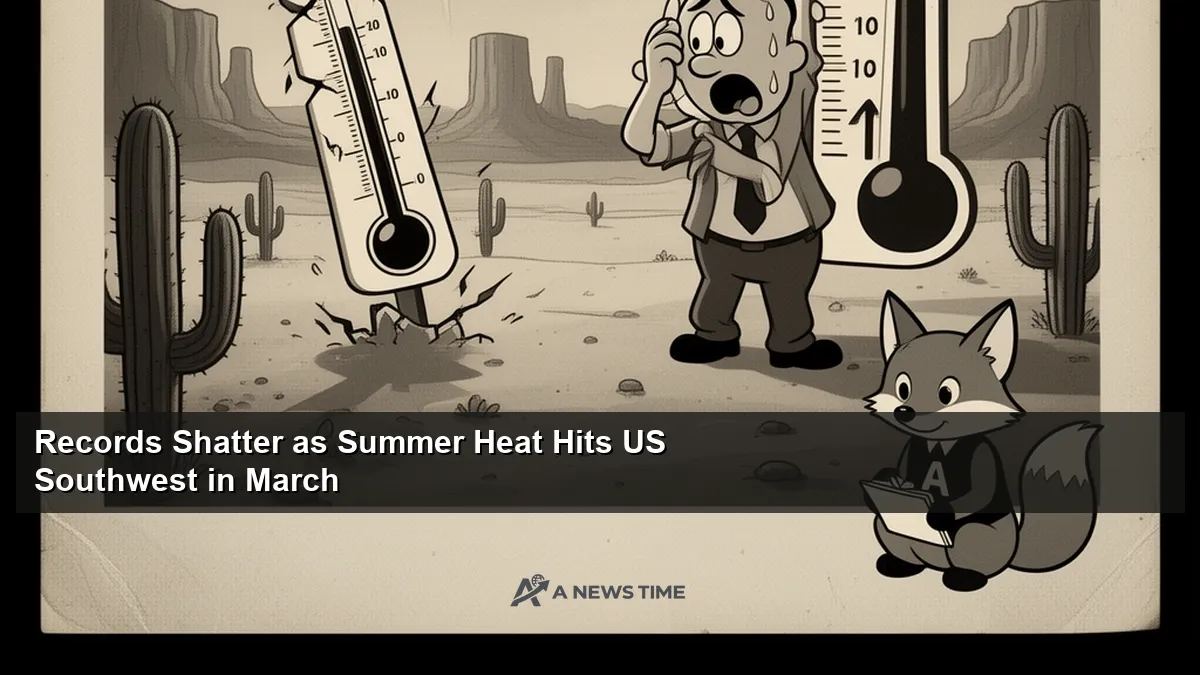 Desert landscape with heat haze rising from cracked earth under blazing sun in March