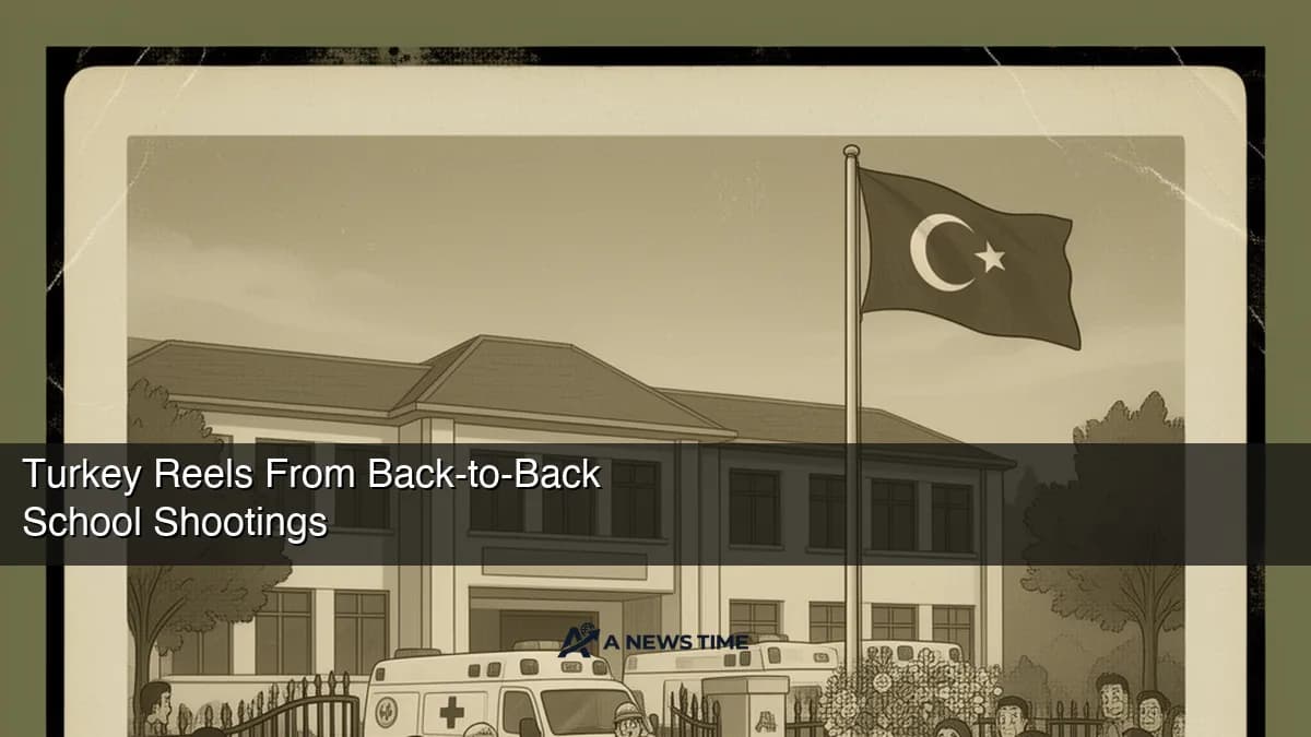 Ambulance vehicles outside school building in Kahramanmaras Turkey with emergency responders and security personnel