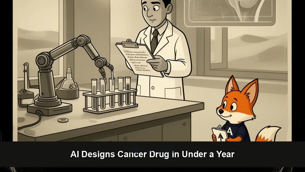 AI-driven drug discovery laboratory in Abu Dhabi with molecule visualization showing brain tumor cancer compound generated by Insilico Medicine platform