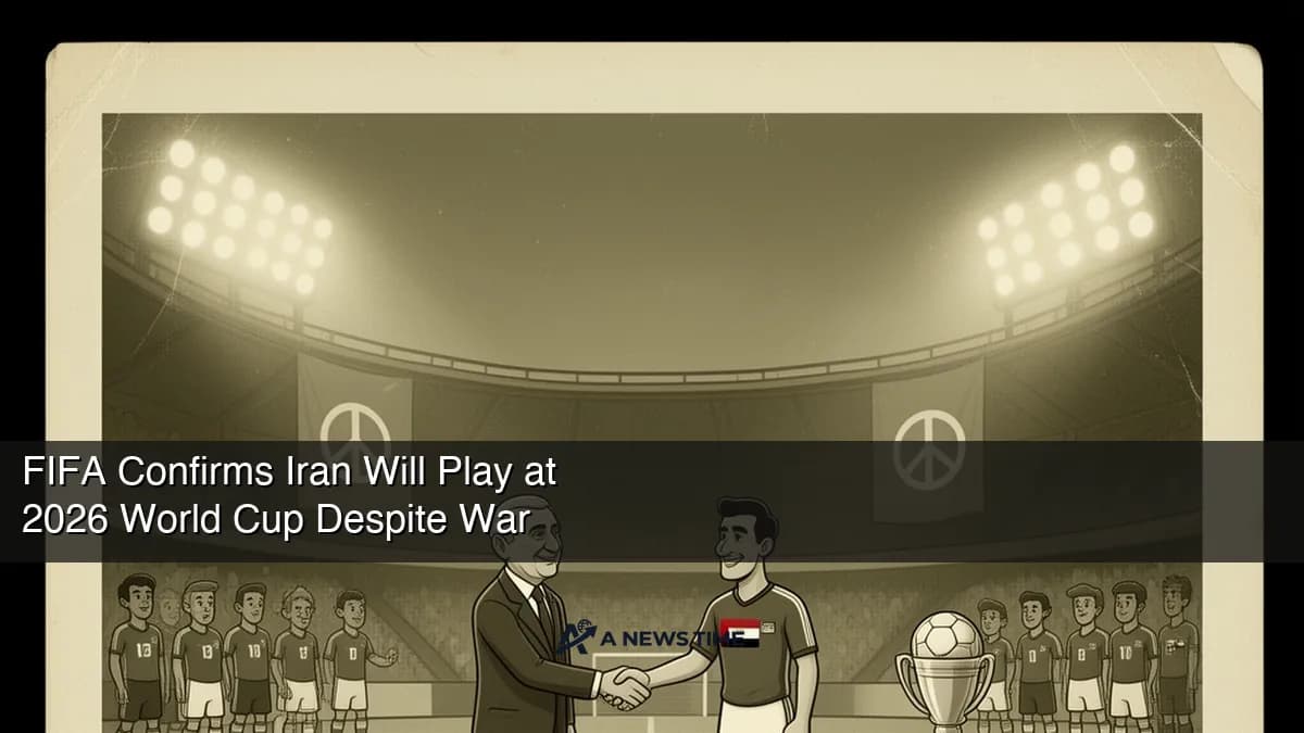 FIFA World Cup 2026 logo with Iranian national football team jersey and stadium backdrop representing war-time participation