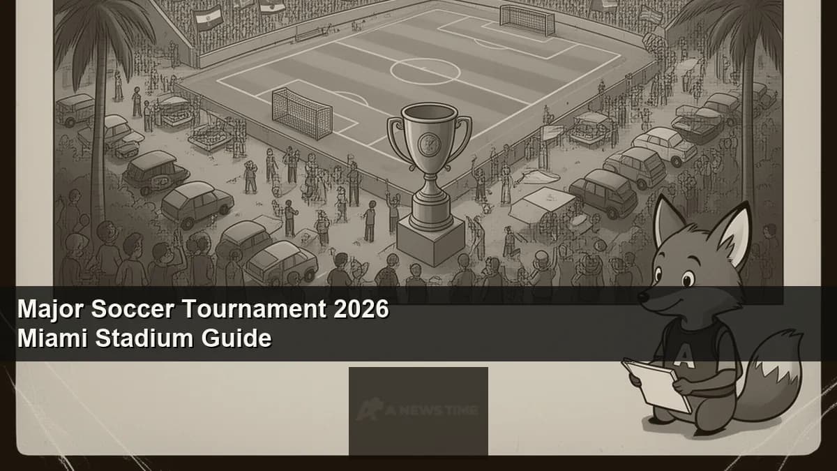 Hard Rock Stadium in Miami Gardens under floodlights with World Cup 2026 branding on exterior facade