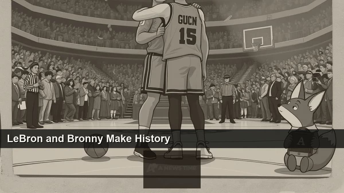 LeBron James and son Bronny James in Los Angeles Lakers jerseys sharing the court during an NBA playoff game for the first time in league history