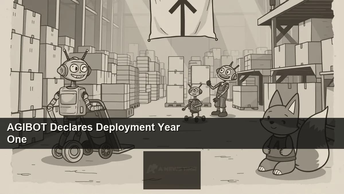 AGIBOT humanoid and wheeled robots operating together in a warehouse scene representing embodied AI at commercial deployment scale