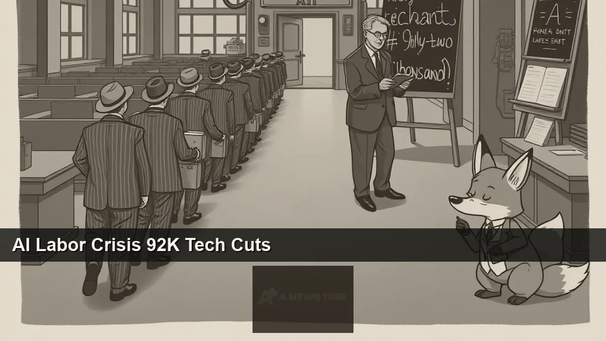 Tech worker silhouettes against rising AI infrastructure spending chart with Meta and Microsoft logos in monochrome editorial style