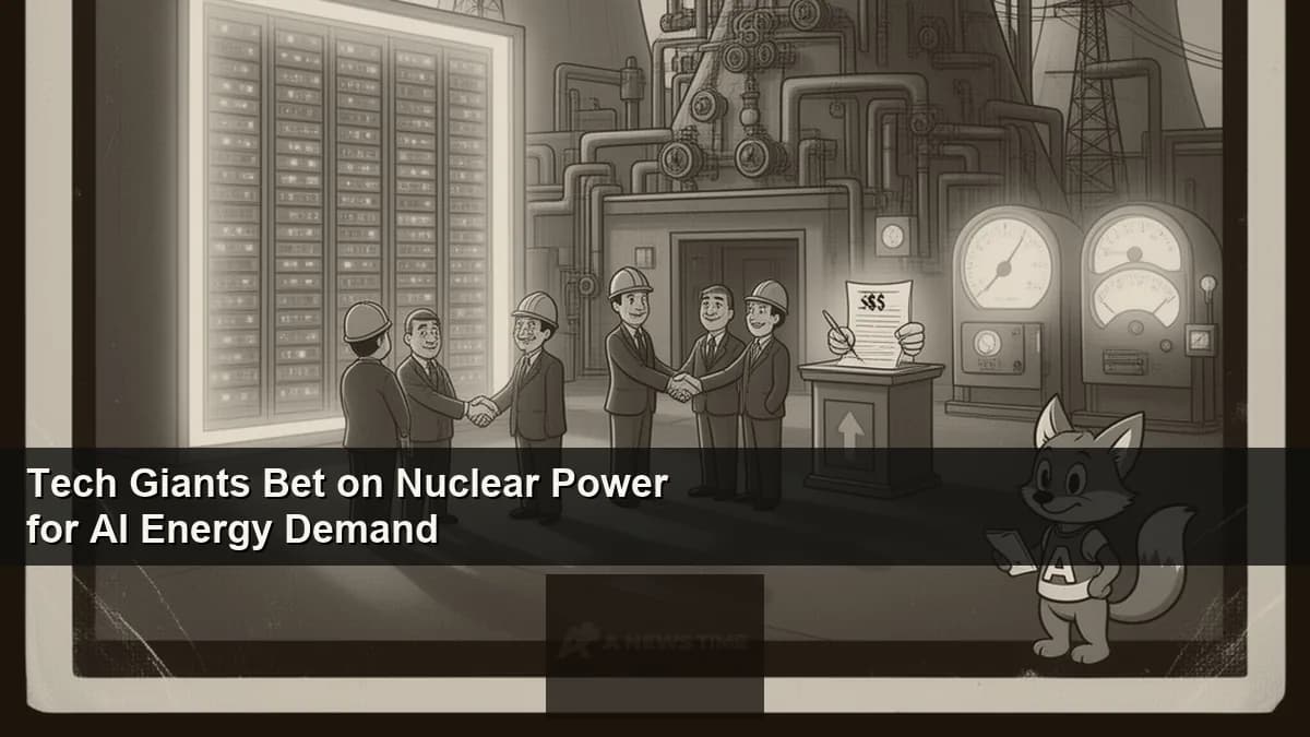 Nuclear cooling tower with data center in background representing Big Tech investment in nuclear power for AI infrastructure