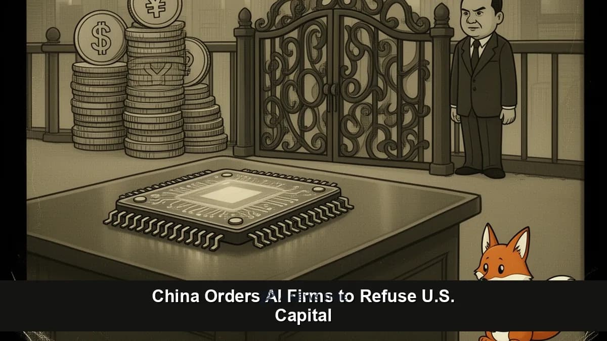 Beijing financial district skyline overlaid with AI chip schematic and a barrier separating U.S. dollar symbols from Chinese yuan