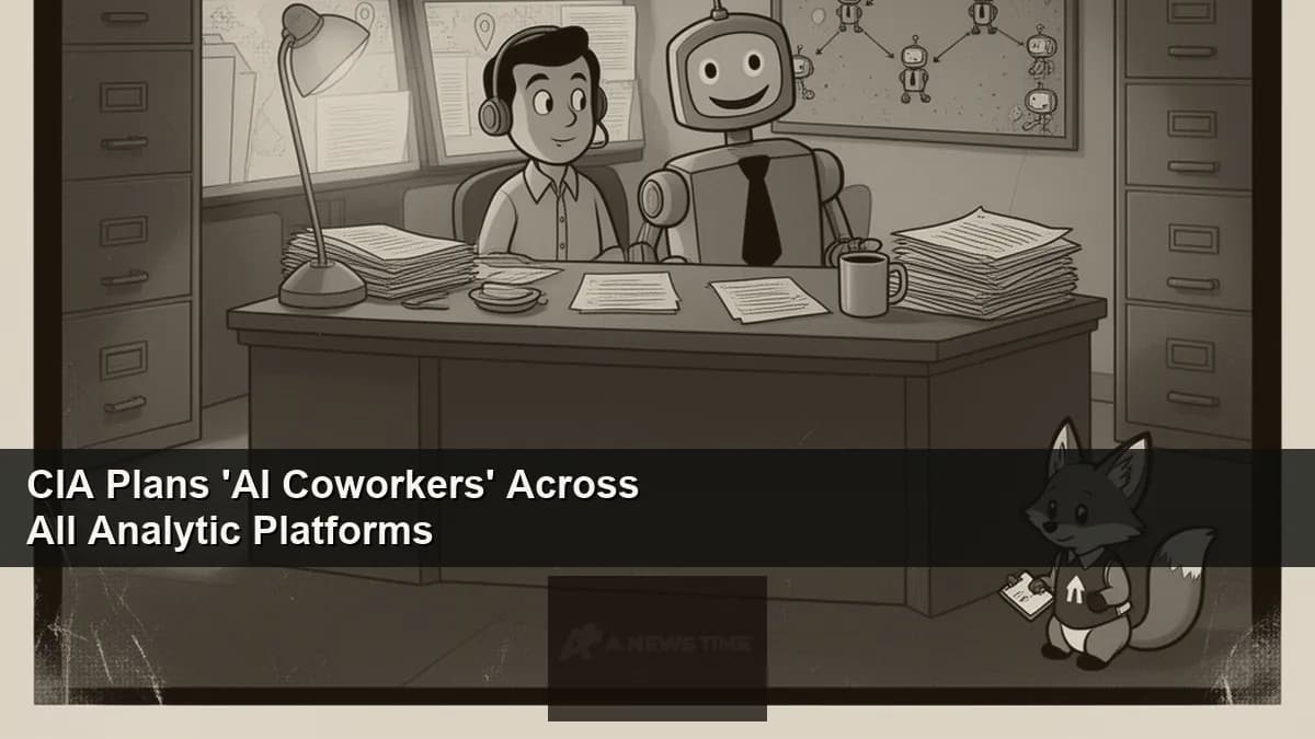 CIA seal beside a stylized illustration of AI agents drafting intelligence reports inside an analytic platform