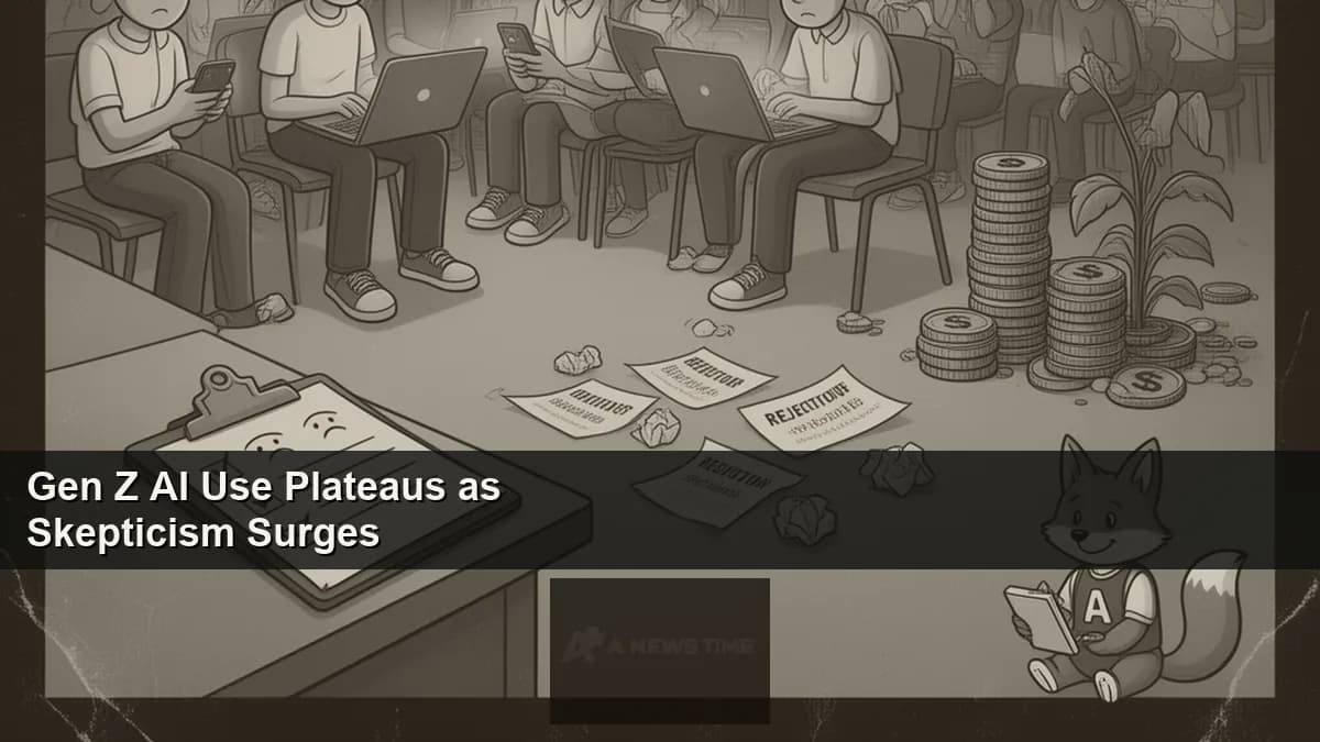 Young person looking skeptically at laptop screen displaying AI chatbot interface in 2026