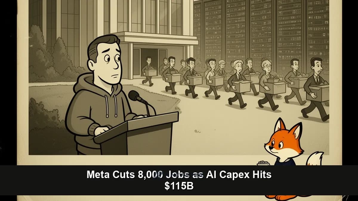 Meta headquarters thumbs-up sign overlaid with workforce reduction memo and rising AI infrastructure capital expenditure chart