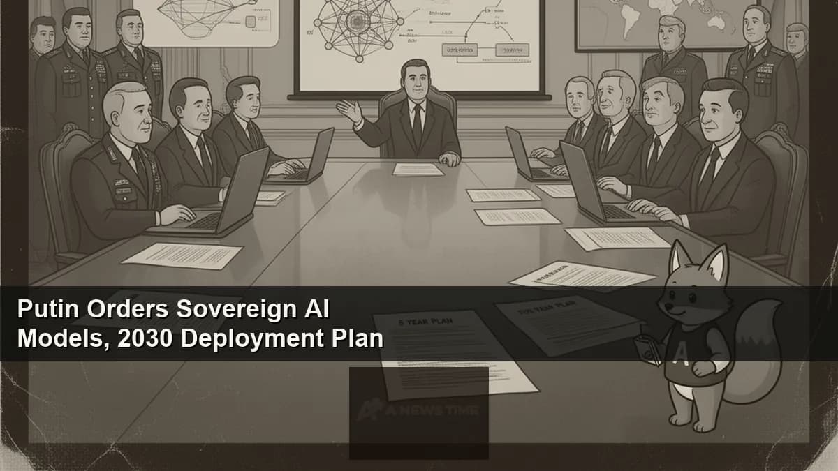 Russian Kremlin building at night with AI circuit board overlay in monochrome style