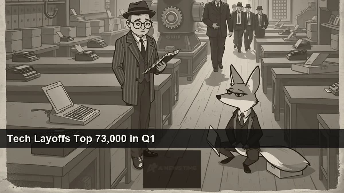 Empty tech office cubicles with AI data center racks in background representing 73000 tech sector layoffs Q1 2026 amid AI pivot