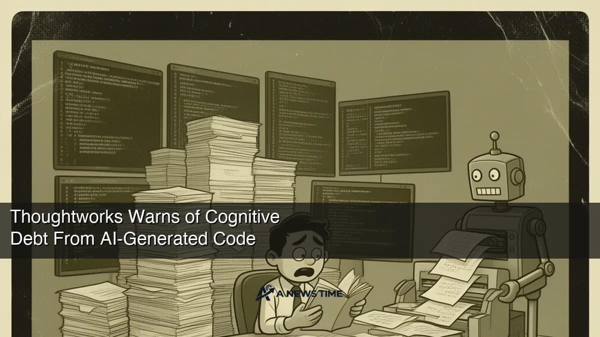Developer reviewing AI-generated code on multiple screens with complexity visualization representing cognitive debt concept