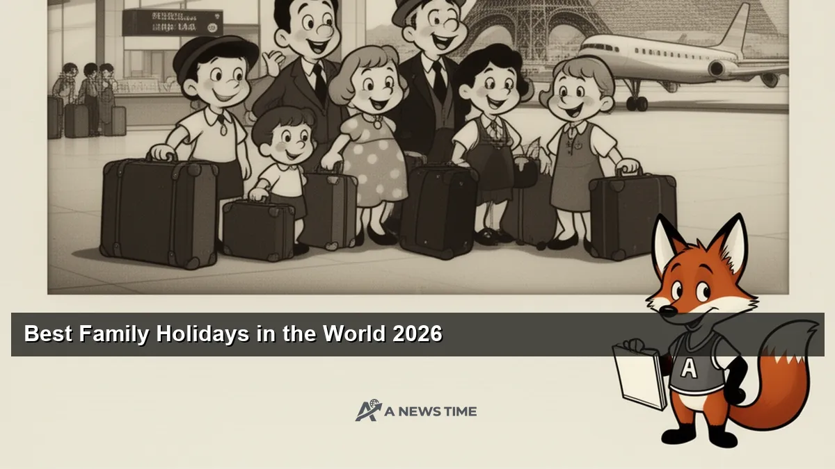 Family of four walking along a tropical boardwalk with palm trees and ocean in background