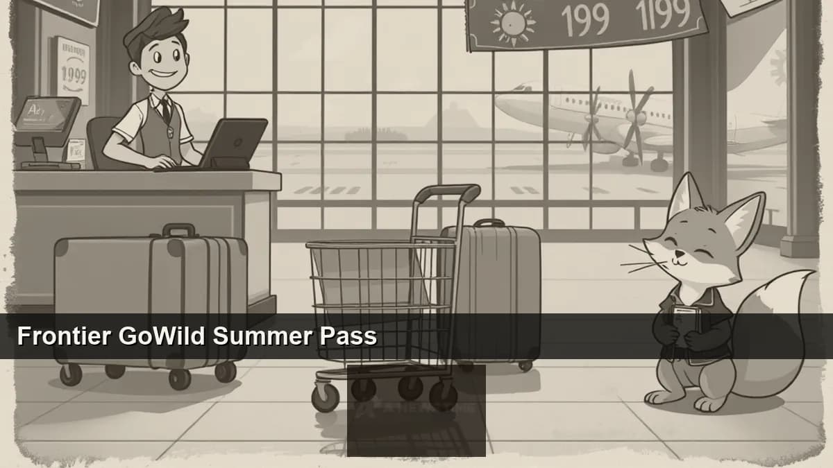 Frontier Airlines passenger plane at Denver International Airport with GoWild Summer Pass 2026 promotional branding for 199 dollar unlimited flight deal