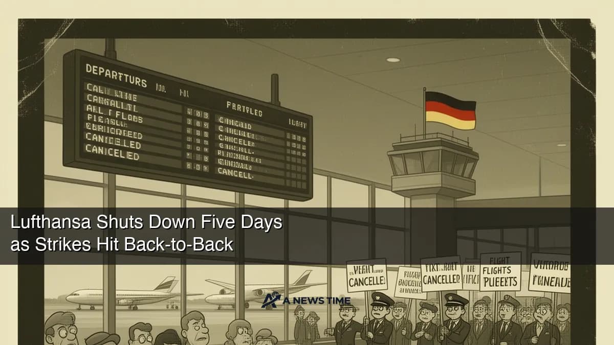 Grounded Lufthansa aircraft lined up at Frankfurt Airport departure terminal with canceled flight boards displayed