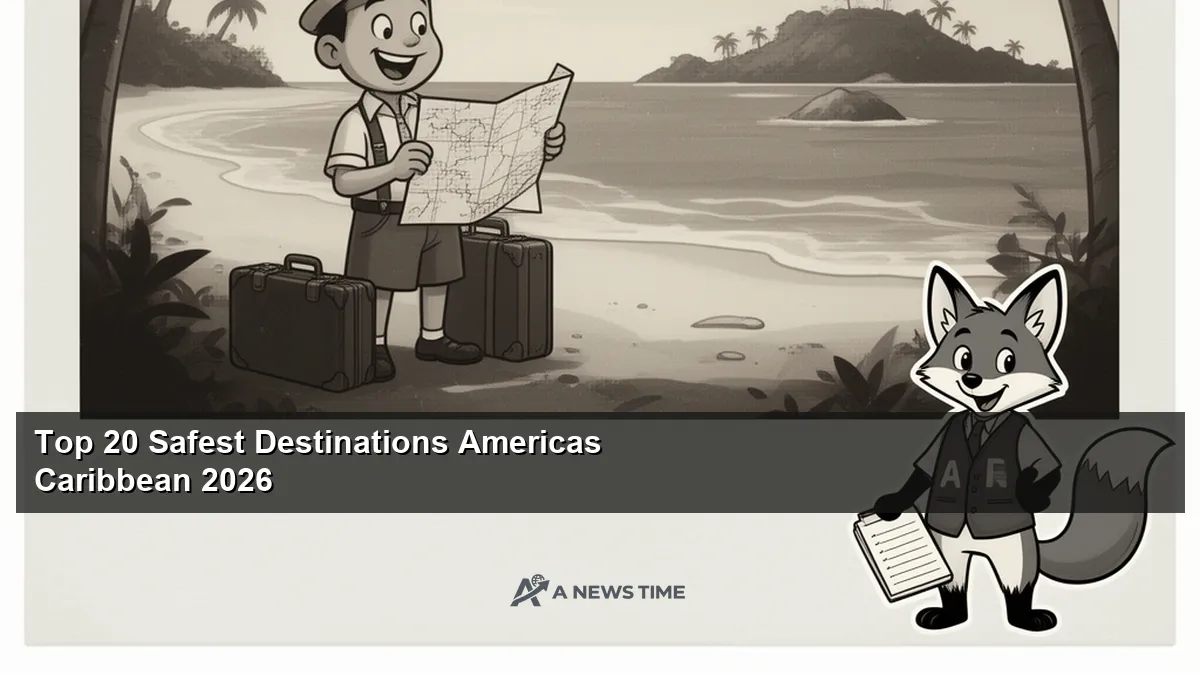 Turquoise Caribbean bay surrounded by lush green hills and a sandy beach at sunset