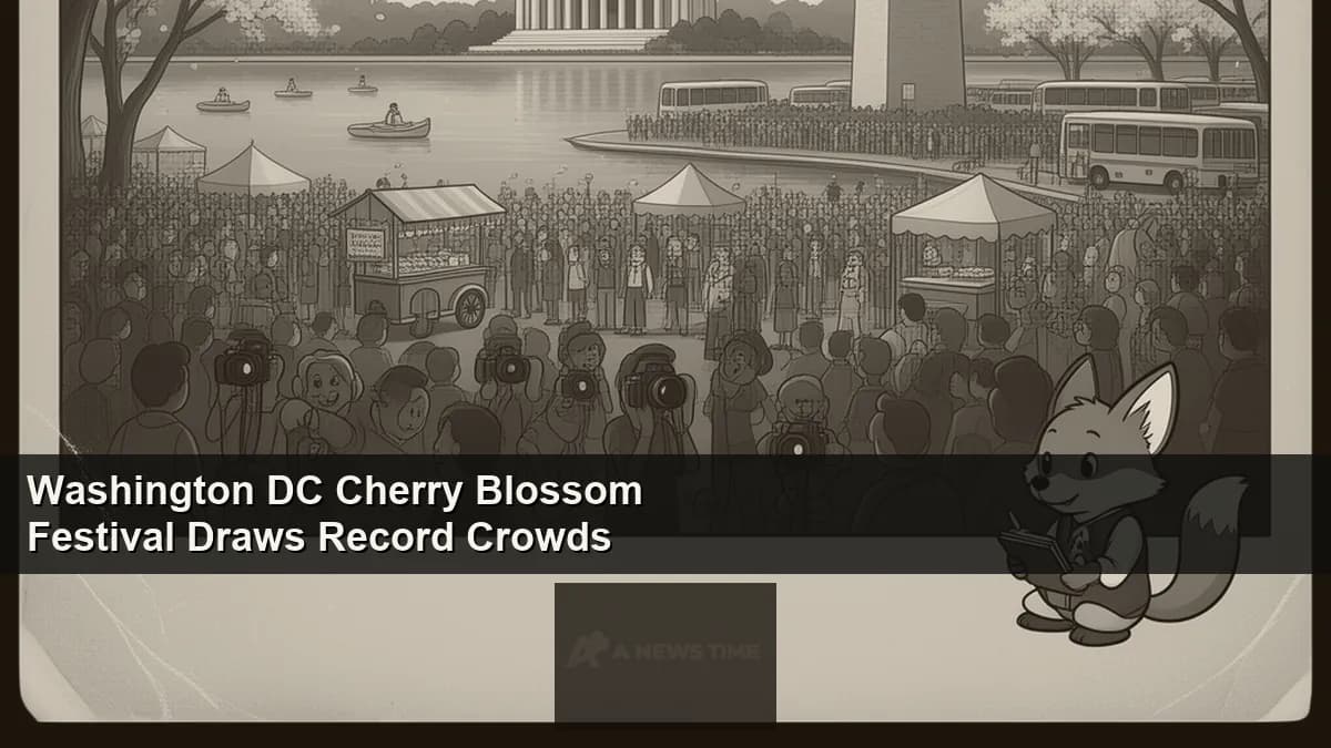 Washington DC Tidal Basin surrounded by blooming pink cherry blossom trees with the Jefferson Memorial