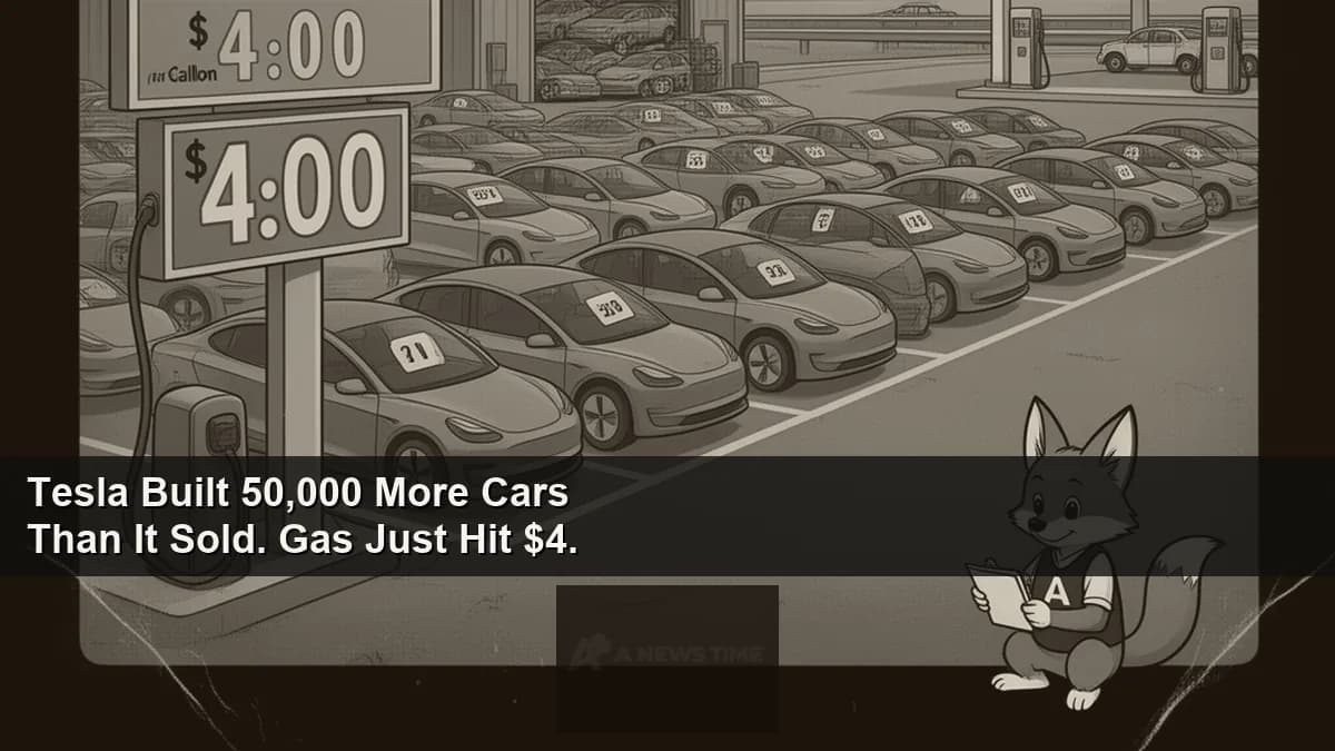 Tesla Model 3 vehicles lined up at dealership lot with gas station price sign showing four dollar gallon price