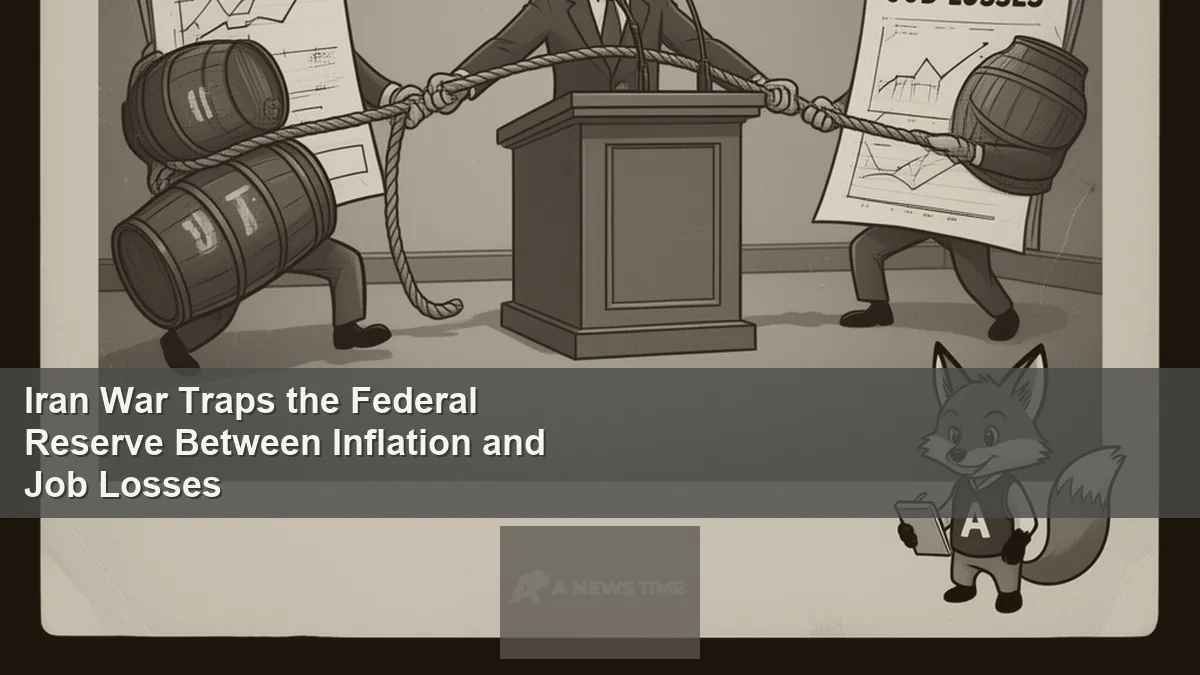 Jerome Powell at Federal Reserve podium with oil price and unemployment charts in background