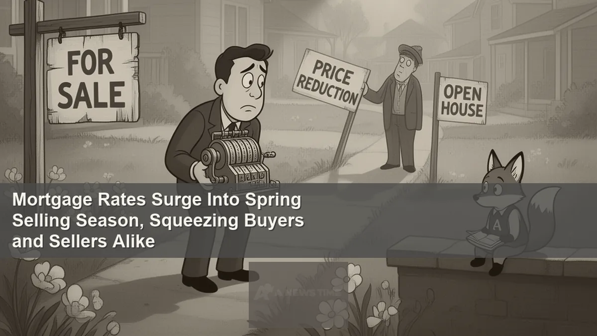 Open house sign in front of residential property during spring 2026 with mortgage rate increase chart