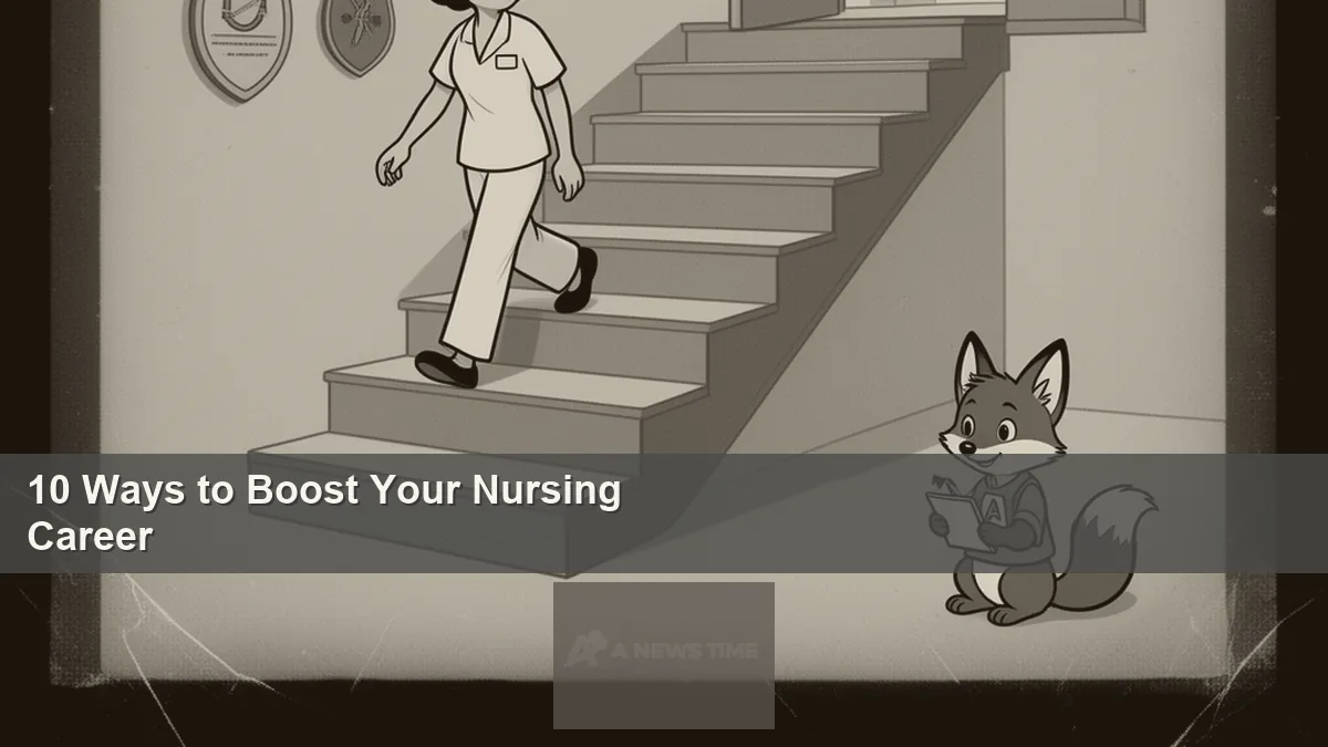 Nurse in scrubs reviewing career advancement certifications on tablet in hospital hallway