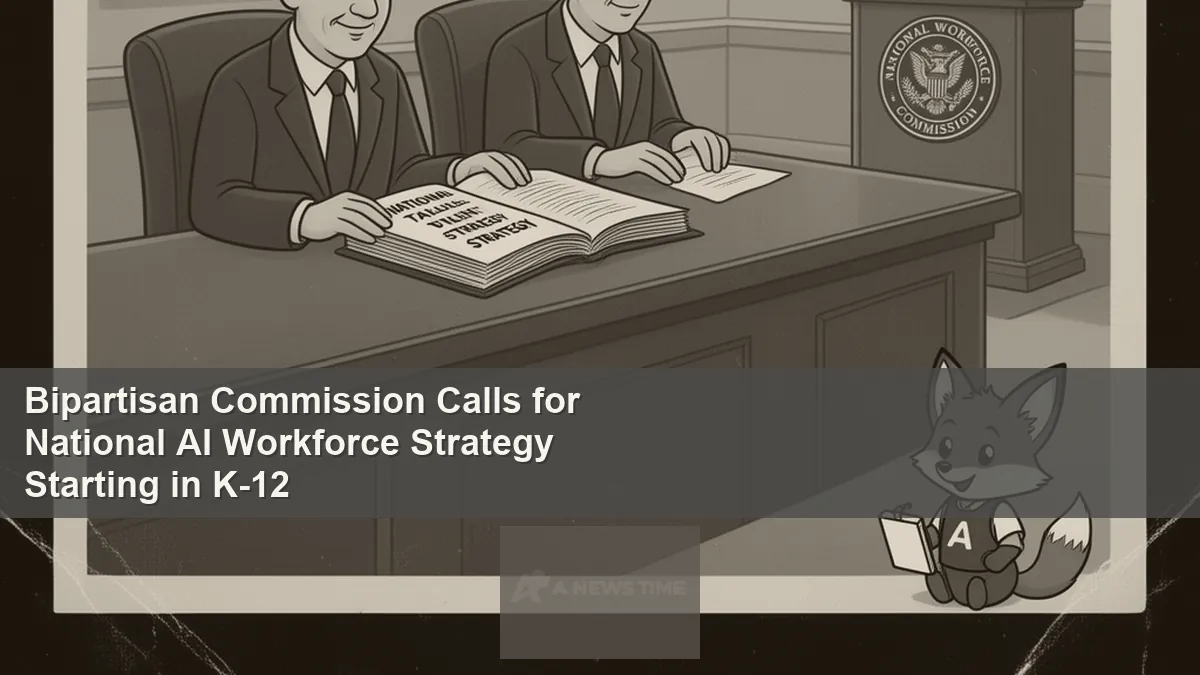 Capitol building with AI technology symbols and school children representing national workforce education policy