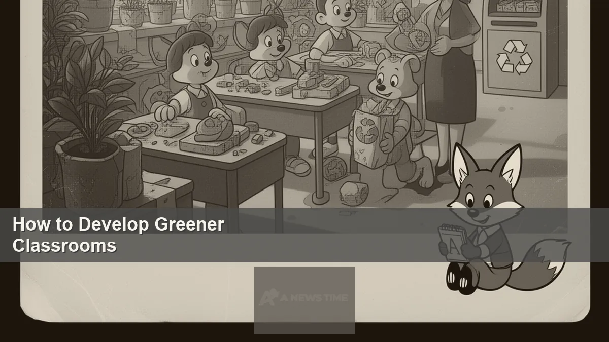 Modern green classroom with natural lighting indoor plants and recycling station visible