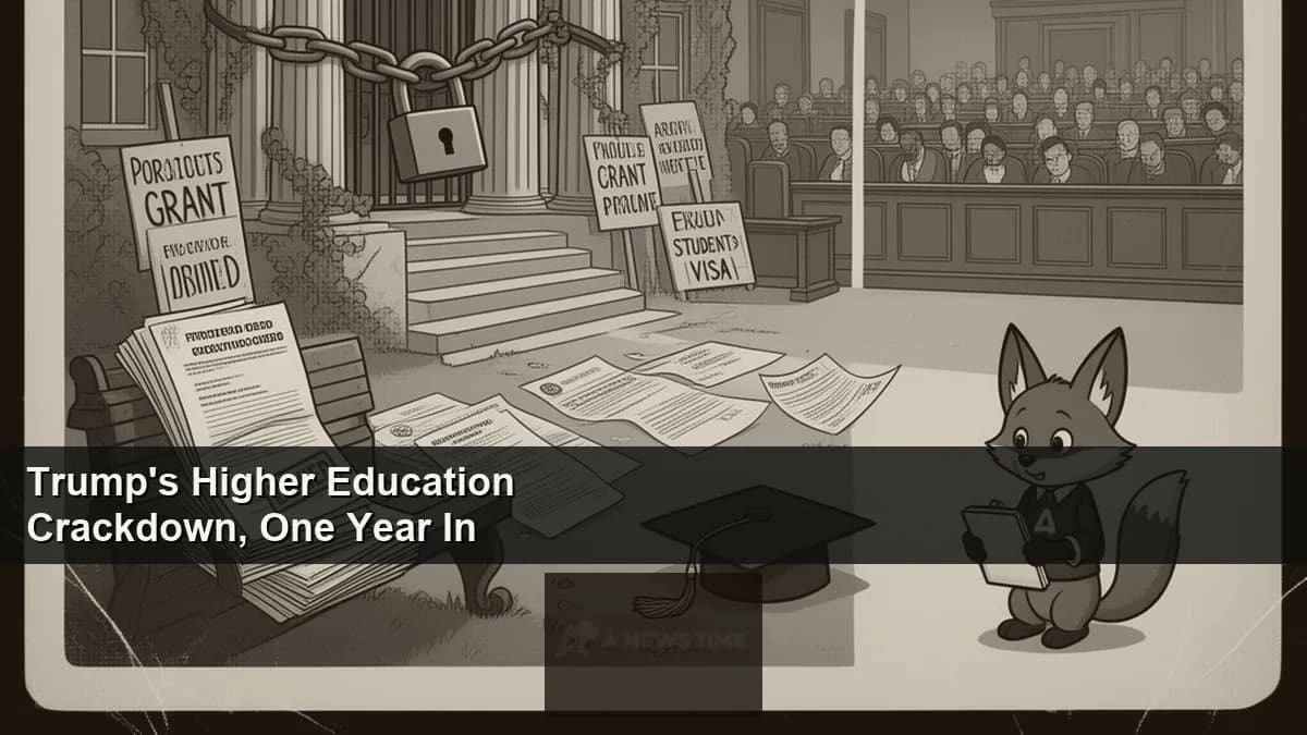 American university campus building with protest signs and federal documents overlaid on steps