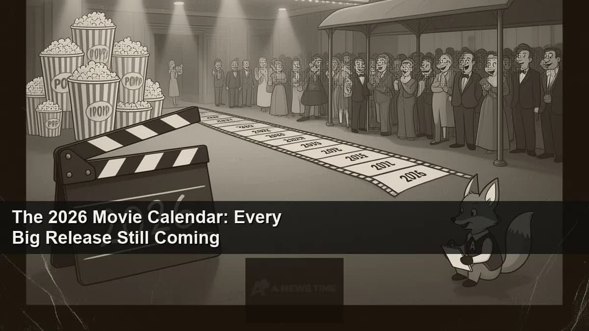 Movie theater marquee showing 2026 film lineup with popcorn and tickets in foreground evening light