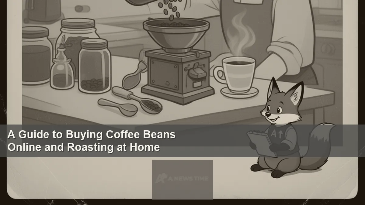 Fresh green coffee beans being poured into home roasting machine on kitchen counter