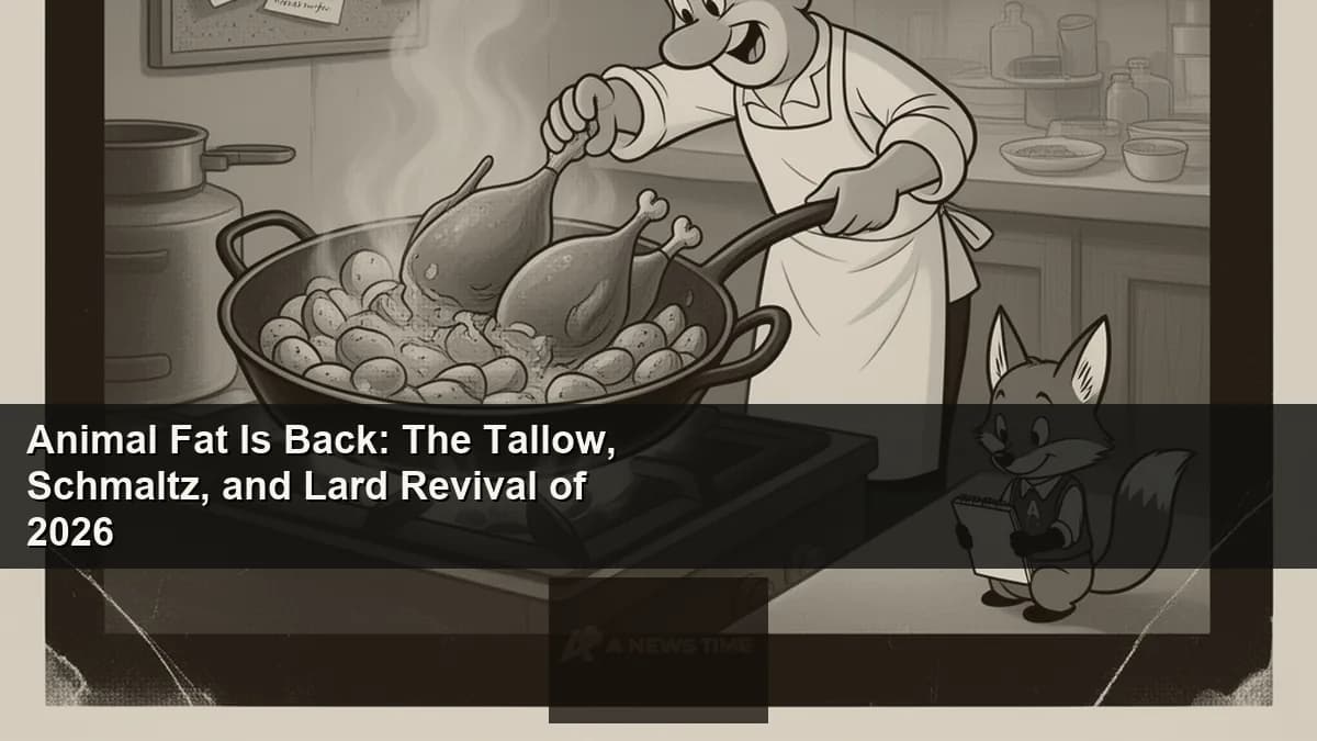 Cast iron skillet with rendered beef tallow and fresh herbs on rustic wooden kitchen surface