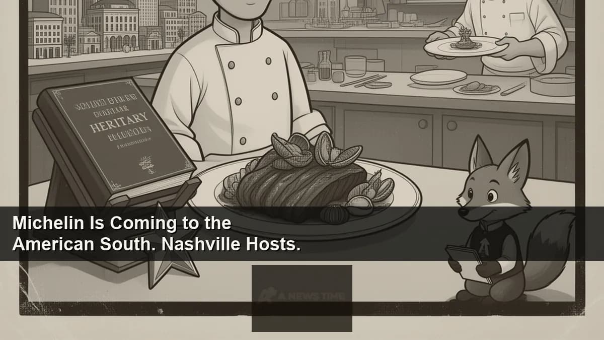 Nashville skyline at dusk with restaurant table setting and Michelin Guide red book in foreground