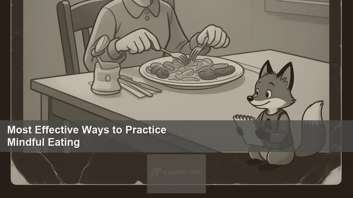 Person eating a balanced meal slowly at a calm dining table practicing mindful eating