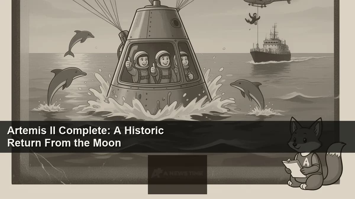 Four astronauts in orange suits wave beside the Orion capsule after Pacific splashdown