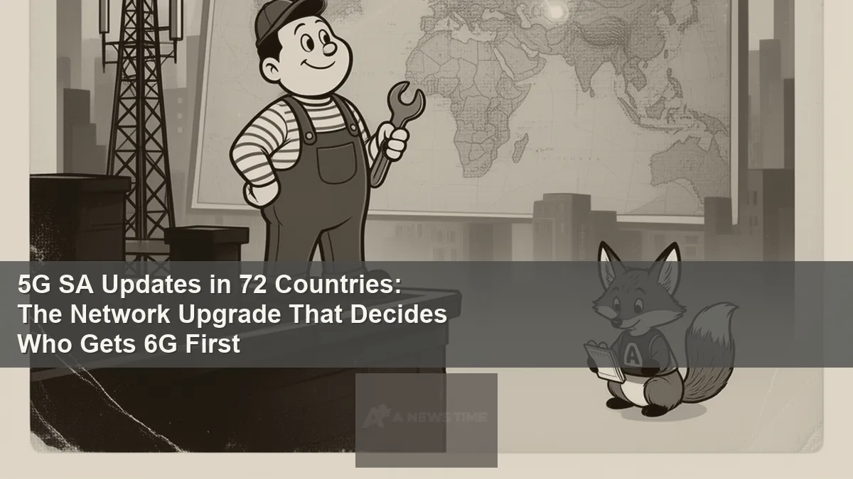 Glowing 5G network tower transmitting signals across a modern city skyline at dusk