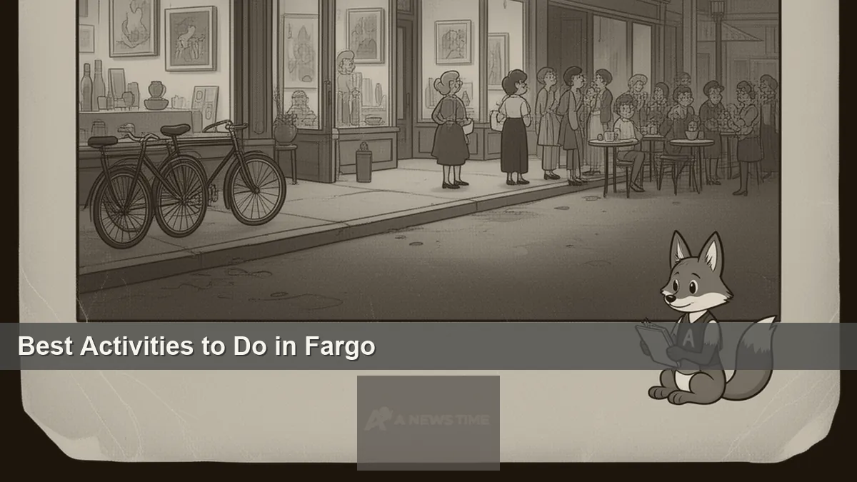 Downtown Fargo Broadway street with historic buildings shops and Fargo Theatre marquee sign