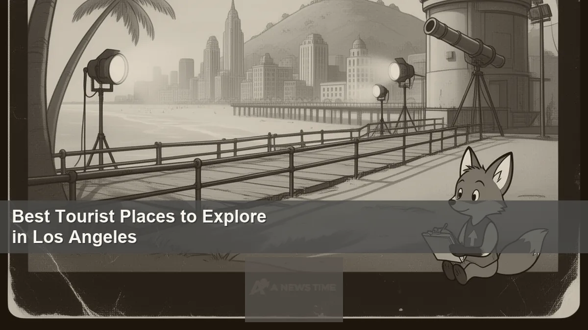 Panoramic view of Los Angeles skyline with Hollywood sign and palm trees in foreground