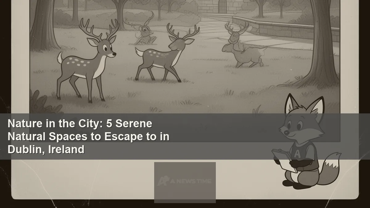 Deer grazing in Phoenix Park Dublin with green meadows and trees on a sunny morning