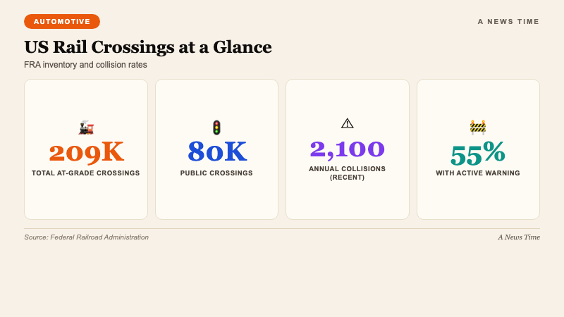 Automotive industry infographic showing US rail crossing collision statistics active versus passive warning devices and federal grant funding trends