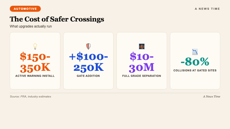 Automotive data visualization showing rail crossing collision decline 1970s to 2020s and proportional impact of active warning devices Operation Lifesaver and grade separation
