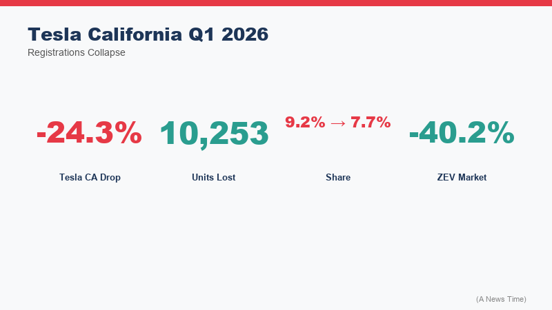 Infographic comparing Tesla California Q1 2025 and Q1 2026 registrations alongside ZEV market share decline