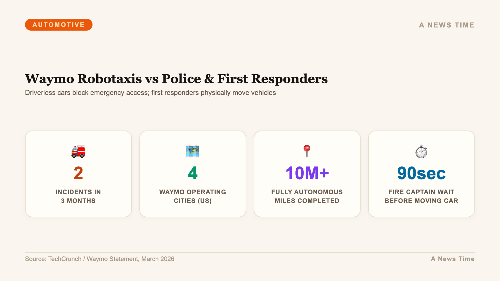Waymo emergency incident stats showing two incidents ninety second wait and ten million miles logged