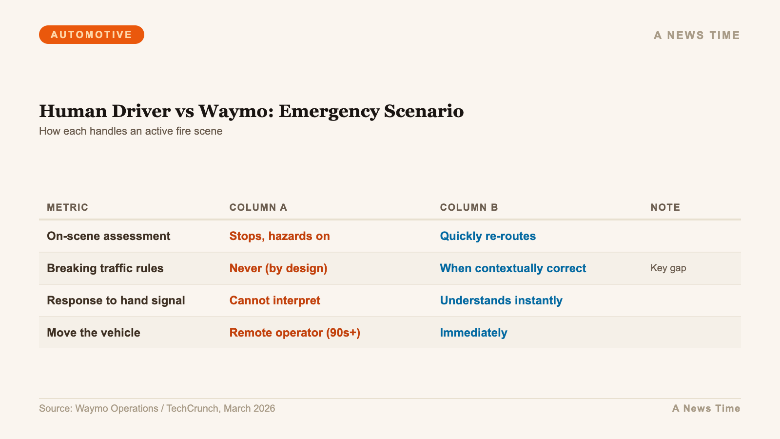 Comparison of Waymo driverless behavior versus human driver response in emergency fire scene