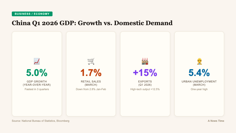 Key statistics card showing China Q1 2026 GDP at 5 percent with exports up 15 percent and retail sales at 1.7 percent
