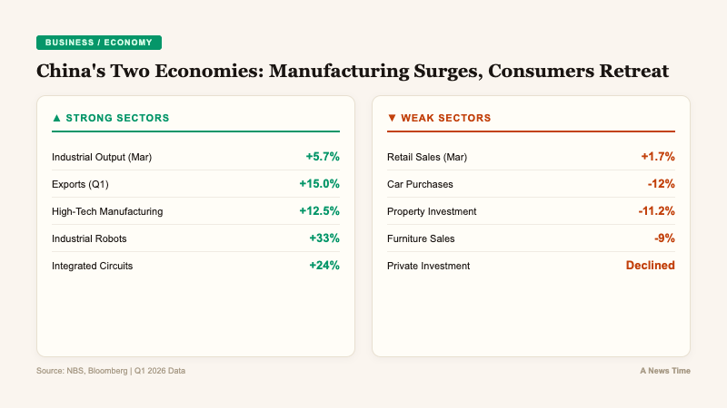 Comparison chart showing strong manufacturing sectors versus weak consumer sectors in China Q1 2026 economy